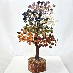 Tree Of Life With Chakra Chips Stones And Wood Slice Base